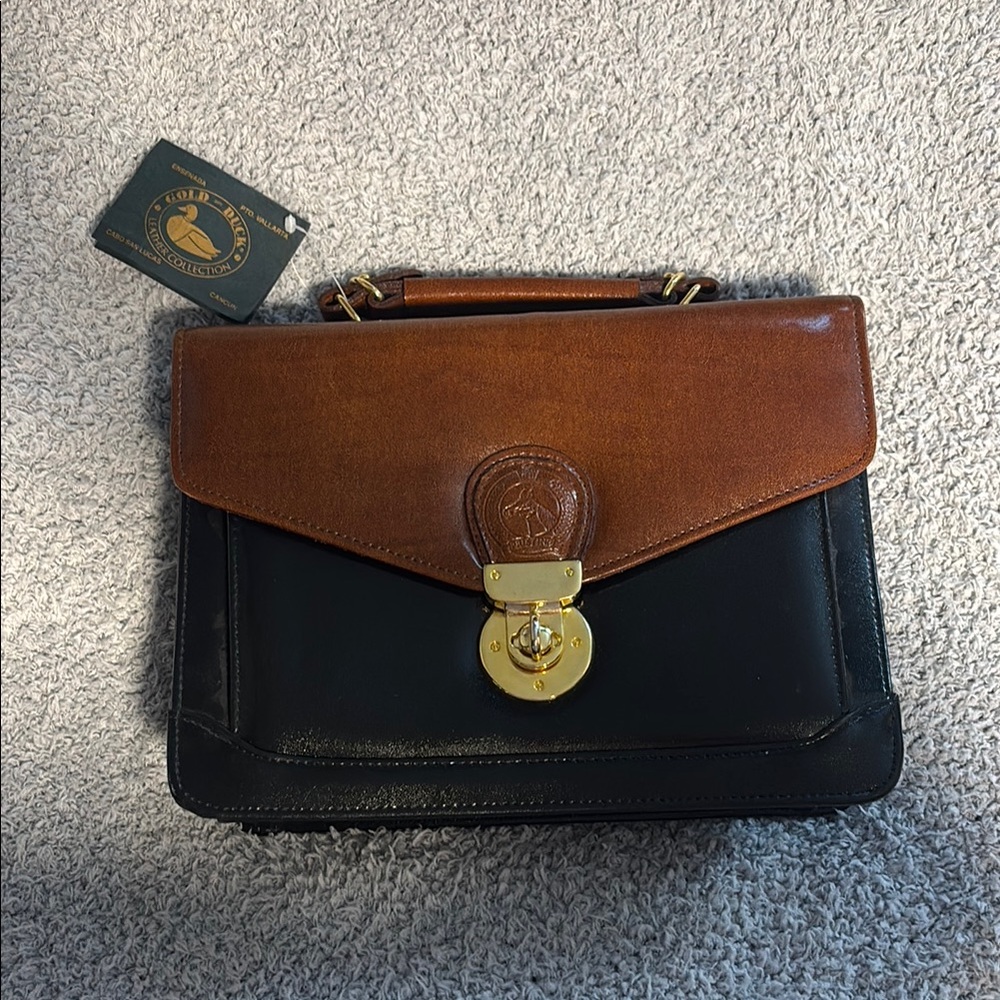 NEW WITH TAGS Vintage Gold Duck Black and Brown Leather Handbag